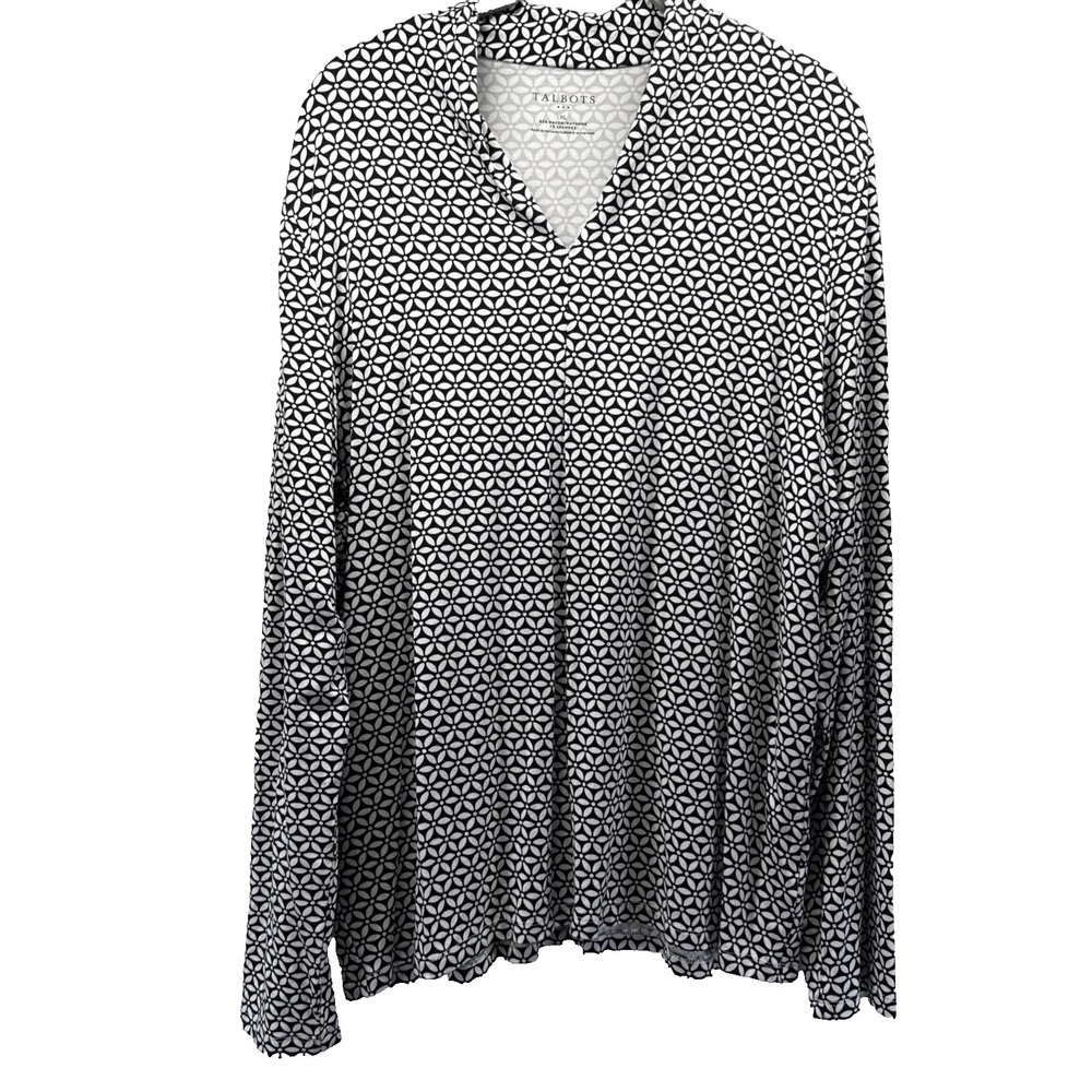 Talbots Womens Top XL Black White Geometric Long Sleeve Stretch V Neck Pullover
